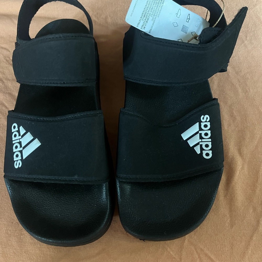 adidas Kids Black Sandals with White Logo Straps